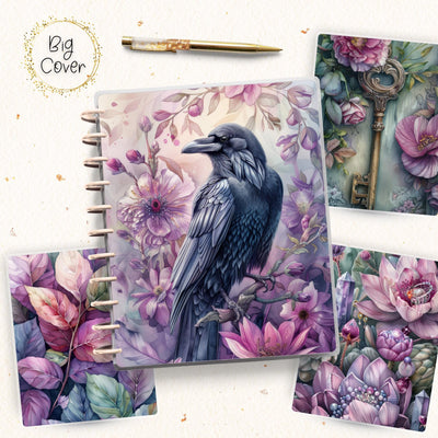 Pink Raven Journal Disc Bound Cover, Big Happy Planner, Laminated Printed Front Back Set, Journal Accessory, Purple Notepad Cover Bundle