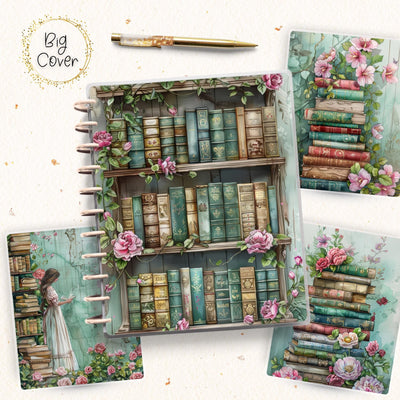 Green Library Journal Disc Bound Cover, Big Happy Planner, Laminated Printed Front Back Set Journal Accessory, Book Reader Notepad Cover Set
