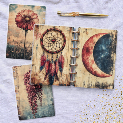 Faded Moon Floral Disc Bound Cover, Mini Happy Planner, Laminated Printed Cover Set, Planner Accessory, Journal Cover Bundle, Planner Supply