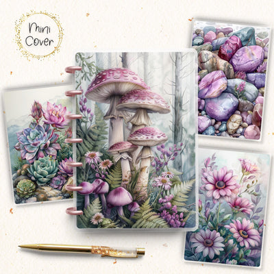 Purple Mushroom Mini Disc Bound Cover, Mini Happy Planner, Laminated Printed Front Back Set Journal Accessory, Forest Journal Cover Bundle