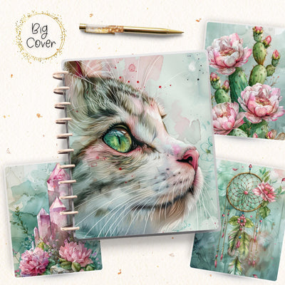 Cute Cat Planner Cover, Front Back Design, Big Happy Planner, Laminated Cover Print, Junk Journal, Planner Supplies, Boho Green Disc Bound