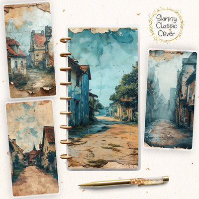 Old Town Village Skinny Classic Happy Planner Cover, Laminated Printed Front Back Set, Disc Bound Cover Journal Accessory, Binder Cover Set