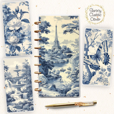 Blue Toile Skinny Classic Happy Planner Cover, Laminated Printed Front Back Set, Disc Bound Cover Journal Accessory, Binder Cover Set Gift