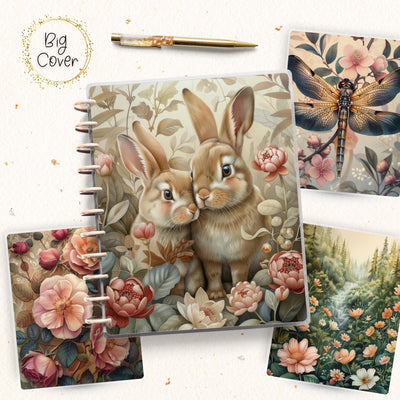 Woodsy Bunnies Journal Skinny Classic Disc Bound Cover, Happy Planner, Laminated Printed Front Back Set Journal Accessory, Notepad Cover