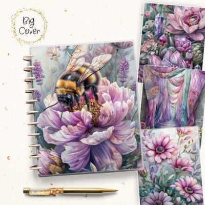 Floral Bee Pink Planner Cover, Front Back Design, Big Happy Planner, Laminated Cover Print, Junk Journal, Planner Supplies, Green Disc Bound