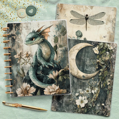 Green Dragon Big Disc Bound Cover, Happy Planner Bundle, Laminated Cover Set, Journal Accessory, Planner Supply Insert, Protective Cover