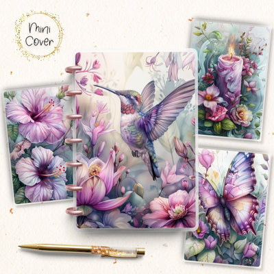 Hummingbird Mini Disc Bound Cover, Mini Happy Planner, Laminated Printed Front Back Set Journal Accessory, Pinkish Journal Cover Bundle Set