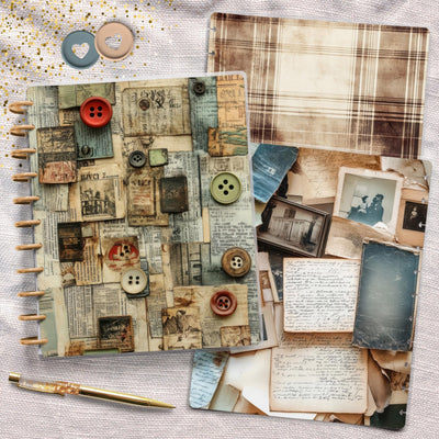 Antiqued Collage Big Disc Bound Cover, Happy Planner Bundle, Laminated Cover Set, Journal Accessory, Planner Supply Insert, Protective Cover