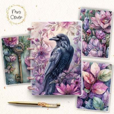 Raven Floral Mini Disc Bound Cover, Mini Happy Planner, Laminated Printed Front Back Set Journal Accessory, Purple Journal Cover Bundle Set
