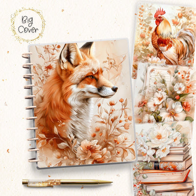 Boho Fox Floral Planner Cover, Front Back Design, Big Happy Planner, Laminated Cover Print, Junk Journal, Planner Supplies, Green Disc Bound