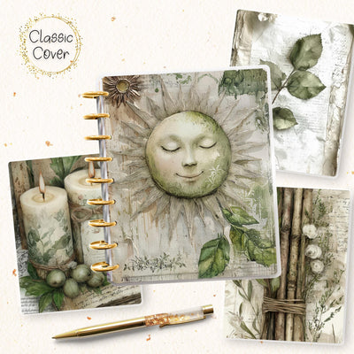 Green Sun Classic Disc Bound Cover, Happy Planner, Laminate Printed Front Back Set, Journal Accessory, Candle Floral Notebook Cover Set