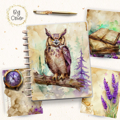 Purple Owl Journal Skinny Classic Disc Bound Cover, Happy Planner, Laminate Print Front Back Set Accessory, Notebook Bundle, Teacher Gift