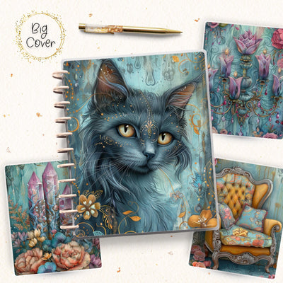 Dream Cat Journal Skinny Classic Disc Bound Cover, Happy Planner, Laminated Printed Front Back Set, Journal Accessory, Blue Notepad Cover