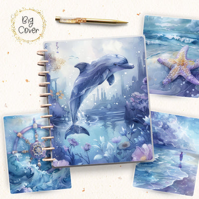 Blue Dolphin Journal Disc Bound Cover, Big Happy Planner, Laminated Printed Front Back Set Journal Accessory, Underwater Notepad Cover Set