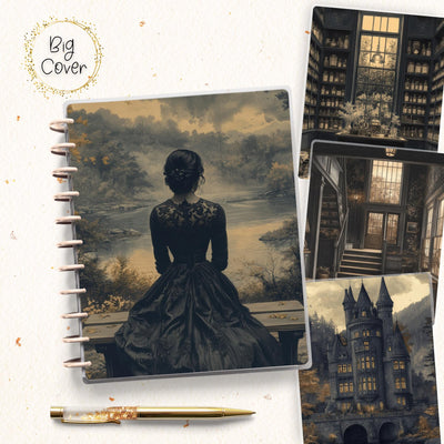Dark Manor Lady Planner Cover, Front Back Design, Big Happy Planner, Laminated Cover Print, Junk Journal, Planner Supplies, Green Disc Bound