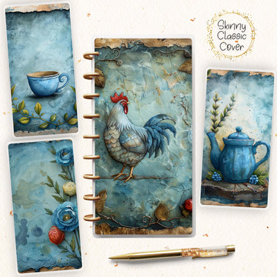 Rustic Blue Skinny Classic Happy Planner Cover, Laminated Printed Front Back Set, Disc Bound Cover Journal Accessory, Binder Cover Set Gift