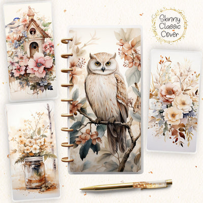 Elegant White Owl Skinny Classic Happy Planner Cover, Laminated Printed Front Back Set, Disc Bound Cover Journal Accessory, Binder Cover Set