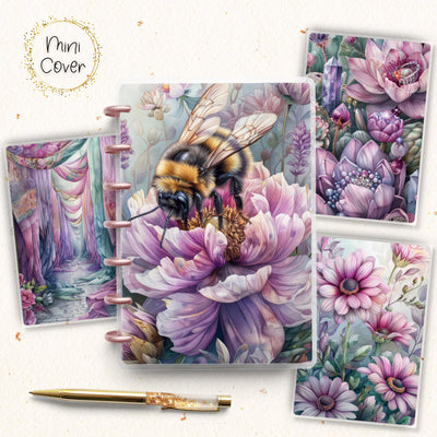 Happy Bee Mini Disc Bound Cover, Mini Happy Planner, Laminated Printed Front Back Set Note Accessory, Notebook Cover Bundle, Pink Floral Set