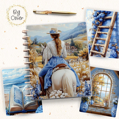 Delft Blue Journal Disc Bound Cover, Big Happy Planner, Laminated Cover Set Accessory, Planner Supplies, Gift for Her, Blue Notebook Bundle,