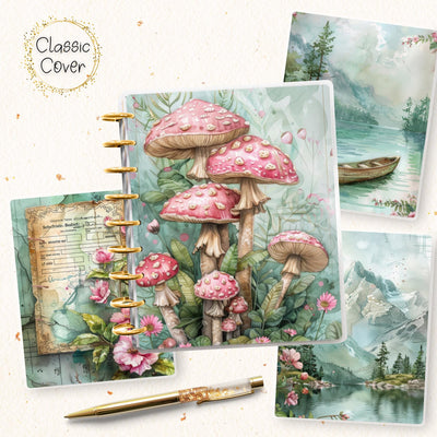 Garden Mushroom Notebook Classic Disc Bound Cover, Happy Planner, Laminate Printed Front Back Set, Journal Accessory, Pink Notepad Cover Set