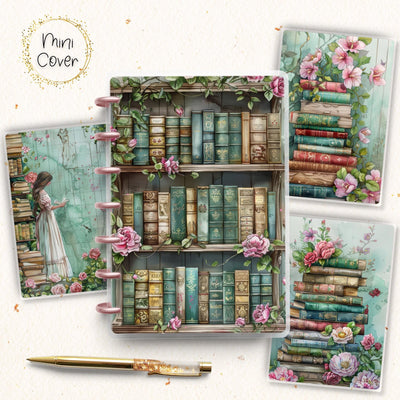 Book Lover Mini Disc Bound Cover, Mini Happy Planner, Laminated Printed Front Back Set Notes Accessory, Green Bookshelf Journal Cover Bundle