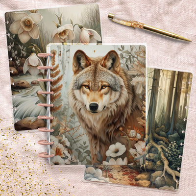Woodland Wolf Disc Bound Cover, Classic Happy Planner, Laminated Printed Front Back Set, Notebook Accessory, Planner Supplies, Gift for Her