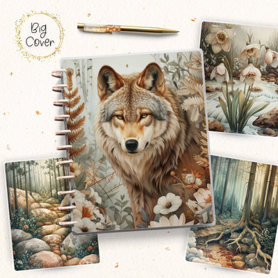 Wolf Forest Planner Cover, Front Back Design, Classic Mini Big Happy Planner, Laminated Cover Sheet, Junk Journal, Boho Woodland Disc Bound