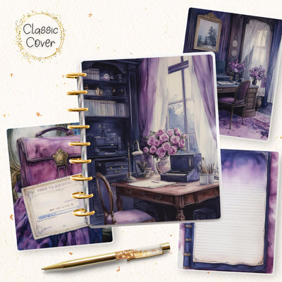Dream Cottage Classic Disc Bound Cover, Happy Planner, Laminate Printed Front Back Set, Journal Accessory, Mystic Purple Notebook Cover Set