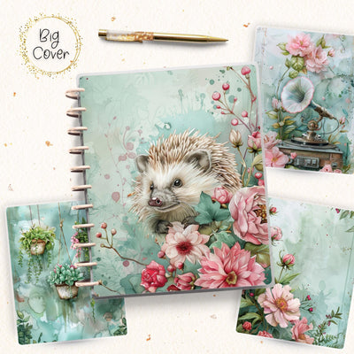 Cute Hedgehog Planner Cover, Front Back Design, Big Happy Planner, Laminated Cover Print, Junk Journal, Planner Supplies, Green Disc Bound