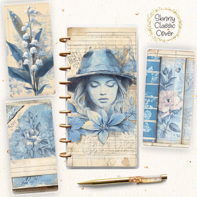 Blue Journal Skinny Classic Happy Planner Cover, Laminated Printed Front Back Set, Disc Bound Cover Journal Accessory, Binder Cover Set