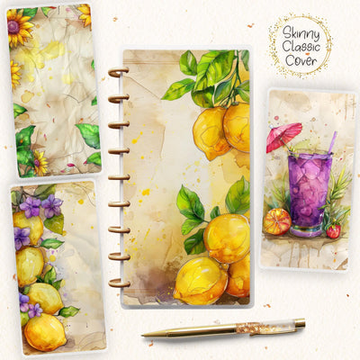 Watercolour Lemon Skinny Classic Disc Bound Planner Cover, Happy Planner, Laminated Printed Front Back Set, Journal Accessory, Notebook Art