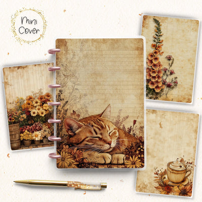 Parchment Mini Disc Bound Cover, Mini Happy Planner, Laminated Printed Front Back Set Journal Accessory, Old Page Cat Journal Cover Bundle