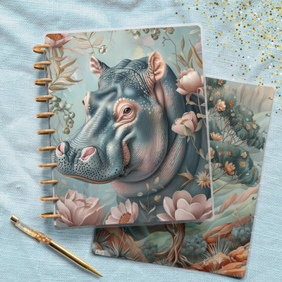 Safari Hippo Journal Disc Bound Cover, Big Happy Planner, Laminated Printed Cover Set, Journal Accessory, Planner Supply, Notepad Cover Set