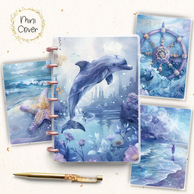 Dolphin Sea Mini Disc Bound Cover, Mini Happy Planner, Laminated Printed Front Back Set Notes Accessory, Blue Ocean Journal Cover Bundle