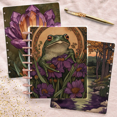 Green Frog Classic Disc Bound Cover, Happy Planner, Laminate Printed Front Back Set, Journal Accessory, Notebook Cover Set, Purple Fauna Set