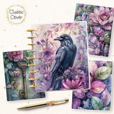 Pretty Raven Notebook Classic Disc Bound Cover, Happy Planner, Laminated Printed Front Back Set, Journal Accessory, Pink Notepad Cover Set