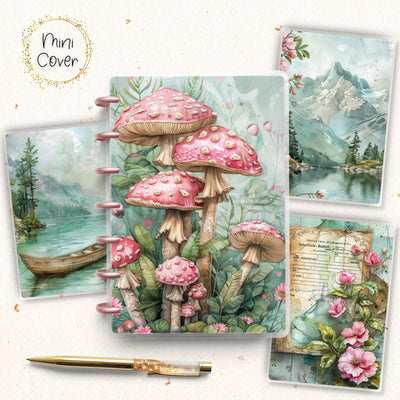 Cute Mushroom Mini Disc Bound Cover, Mini Happy Planner, Laminated Printed Front Back Set Journal Accessory, Green Pink Journal Cover Bundle