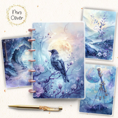 Moon Raven Mini Disc Bound Cover, Mini Happy Planner, Laminated Printed Front Back Set Journal Accessory, Blue Magic Journal Cover Bundle