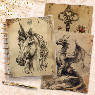 Unicorn Sketches Big Disc Bound Cover, Happy Planner, Laminated Printed Set, Journal Accessory, Planner Supply, Notebook Cover, Gift for Her