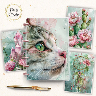 Green Kitty Mini Disc Bound Cover, Mini Happy Planner, Laminated Cover, Gift for Her, Journal Accessory, Notebook Cover, Planner Supplies