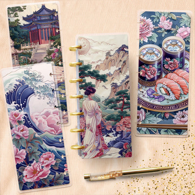 Japanese Skinny Mini Disc Bound Cover, Happy Planner Cover, Laminated Notebook Design Set, Planner Supplies, Journal Accessory, Gift for Her