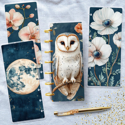 Dark Blue Moon Owl Disc Bound Cover, Skinny Mini Happy Planner, Laminated Cover Protector, Planner Supply Accessory Stationary, Gift for Her