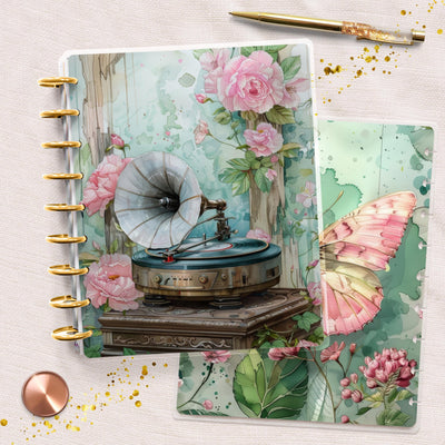 Green Gramophone Disc Bound Cover, Classic Happy Planner Bundle, Laminated Cover Design, Planner Supplies, Journal Accessory, Gift for Her