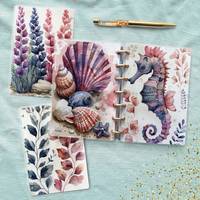 Oceanic Seahorse Disc Bound Cover, Mini Happy Planner, Laminated Printed Cover Set, Planner Accessory, Journal Supplies Bundle, Gift for Her
