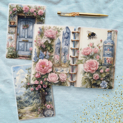 Blue Shabby Vibe Disc Bound Cover, Mini Happy Planner, Laminated Printed Cover Set, Planner Accessory, Journal Supplies Bundle, Gift for Her