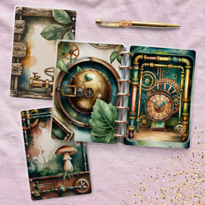 Steampunk Green Disc Bound Cover, Mini Happy Planner, Laminated Printed Cover Set, Planner Accessory, Journal Supplies Bundle, Gift for Her