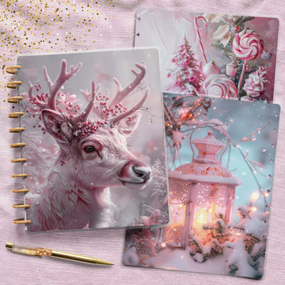 Pink Xmas Journal Skinny Classic Disc Bound Cover, Happy Planner, Laminate Print Front Back Set Accessory, Notebook Bundle, Teacher Gift