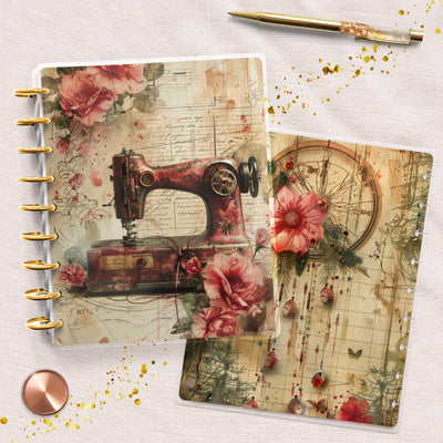 Vintage Sewing Disc Bound Cover, Classic Happy Planner Bundle, Laminated Cover Design, Planner Supply, Journal Accessory, Planner Gift Idea