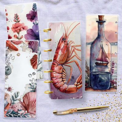 Ocean Floral Shrimp Disc Bound Cover, Skinny Mini Happy Planner, Laminated Protector Set, Planner Supply Accessory Stationary, Gift for Her