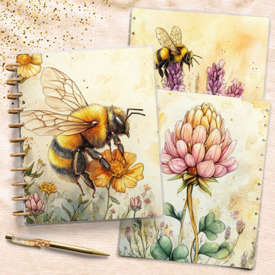 Yellow Honey bee Journal Disc Bound Cover, Big Happy Planner, Laminated Printed Front Back Set, Journal Accessory, Nature Notepad Cover Set